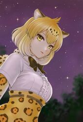  animal_ears belt blonde_hair blouse blurry blurry_background bob_cut bow bowtie breasts center_frills commentary female frills from_side fur_collar jaguar_(kemono_friends) jyan_borii kemono_friends looking_at_viewer medium_breasts night night_sky orange_eyes shirt short_hair sky solo standing tree upper_body white_shirt 