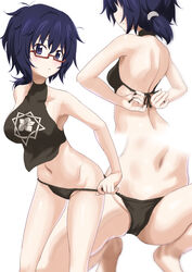  back bare_shoulders bikini bikini_pull black_bikini blue_eyes blue_hair clothes_pull collarbone commentary_request female from_behind gin&#039;you_haru girls_und_panzer glasses halterneck highres leaning_forward looking_at_viewer multiple_views navel oryou_(girls_und_panzer) ponytail red-framed_eyewear sakamoto_clan_(emblem) semi-rimless_eyewear simple_background squatting swimsuit turtleneck tying under-rim_eyewear white_background 