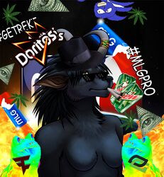  2014 amphibian anthro beverage beverage_can black_body black_fur black_hair black_nose blizzard_entertainment bodily_fluids breasts canid clothed clothing colorado_river_toad colorful_theme conditional_dnp crying digital_media_(artwork) doritos drugs explosion eye_of_providence eyewear fan_character faze_clan featureless_breasts fedora female frito-lay frog fur green_eyes hair hat headgear headwear hi_res horn humor illuminati logo lol_comments major_league_gaming mammal marijuana meme mlg mountain_dew optic_nation paralee_(character) pot_leaf ratte sanic sega soda solo sonic_the_hedgehog_(series) sunglasses tears third-party_edit toad_(frog) topless true_toad warcraft were werecanid worgen 