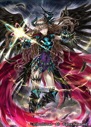  armor armored_boots bodysuit boots brown_hair cardfight!!_vanguard commentary_request company_name curly_hair feathered_wings feathers female gloves horns long_hair magic official_art purple_eyes revenger_waking_angel solo taneda_kazuhiro wings 