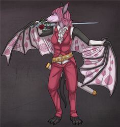  anthro bat belt clothing crystal fauxlacine female flower front_view gloves hair handwear looking_at_viewer looking_away mammal melee_weapon membrane_(anatomy) membranous_wings nyxis petals pink_hair plant purple_eyes realistic_wings rose_(flower) royalty smile solo standing sword uniform weapon wings 