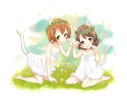  2girls :3 animal_ears arm_support barefoot brown_hair cat_ears cat_tail character_name commentary_request dated dress grass head_wreath highres hoshizora_rin kashiwagi_sumika koizumi_hanayo love_live! love_live!_school_idol_project multiple_girls purple_eyes short_hair signature sitting smile sparkle sundress tail yellow_eyes 