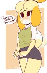  2018 animal_crossing anthro blonde_hair blush breasts canid canine canis clothed clothing daww digital_media_(artwork) domestic_dog female fur gesture hair hi_res innuendo isabelle_(animal_crossing) mammal nintendo raydio sex_gesture shih_tzu simple_background small_breasts smile solo suggestive suggestive_gesture teasing text toy_dog yellow_body yellow_fur 