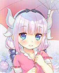  3: akiba_hideki bad_id bad_pixiv_id blue_eyes commentary dragon_girl dragon_horns female flower hair_bobbles hair_ornament hairband holding horns hydrangea kanna_kamui kobayashi-san_chi_no_maidragon light_purple_hair long_hair looking_at_viewer low_twintails photoshop_(medium) rain red_umbrella solo tail twintails umbrella 