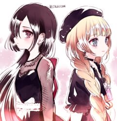  2girls alternate_costume bad_id bad_twitter_id black_hair blonde_hair blue_eyes braid earrings english_text hat jewelry long_hair mahou_shoujo_ikusei_keikaku mahou_shoujo_ikusei_keikaku_unmarked momizi11005 multiple_girls murota_tsubame numakura_manami official_art purple_eyes ripple_(mahoiku) sazanami_kano top_speed twin_braids uchiyama_yumi voice_actor_connection 