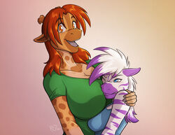  2015 amber_eyes anthro big_breasts blue_eyes breast_size_difference breast_smother breast_squish breasts clothing conditional_dnp diamond_(kadath) digital_media_(artwork) duo equid equine female giraffe giraffid horn hug huge_breasts kadath mammal one_eye_closed ossicone puzzle_(kadath) shirt size_difference smothering squish stripes topwear zebra 