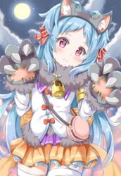  &gt;:( animal_ear_fluff animal_ears animal_hands bag bell black_hairband blue_hair blush bow closed_mouth cloud cloudy_sky commentary_request fake_animal_ears female food-themed_bag full_moon fur_collar gloves hair_intakes hairband hairbow halloween hands_up head_tilt keiran_(ryo170) long_hair looking_at_viewer miyako_(halloween)_(princess_connect!) miyako_(princess_connect!) moon night night_sky orange_skirt outdoors parted_bangs paw_gloves pleated_skirt princess_connect! red_bow red_eyes shirt shoulder_bag skirt sky solo thighhighs v-shaped_eyebrows very_long_hair white_shirt white_thighhighs wolf_ears wolf_paws 