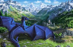  aaros absurd_res ambiguous_gender blue_body blue_scales castle cloud detailed_background digital_media_(artwork) digital_painting_(artwork) digitigrade dragon fantasy feral hi_res landscape membrane_(anatomy) membranous_wings mountain mythological_creature mythological_scalie mythology nature outside scales scalie sky solo wings 