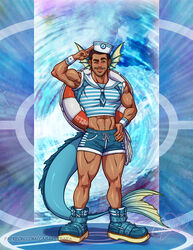  1boy biceps bulge bulging_biceps cabaret_bara cabaret_bara_series crop_top diego_(cabaret_bara) eeveelution fish_tail hispanic hispanic_male latino looking_at_viewer male male_only muscles muscular muscular_male pokemon pokemon_(cosplay) salute short_shorts solo thick_thighs twitter_user_oc vaporeon vaporeon_(cosplay) water_type winking_at_viewer 