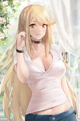  1girls belt_choker best_girl blonde_hair bracelets breasts choker denim j@ck jeans large_breasts long_hair looking_at_viewer mythra navel nintendo plants shirt white_shirt window xenoblade_(series) xenoblade_chronicles_2 yellow_eyes 