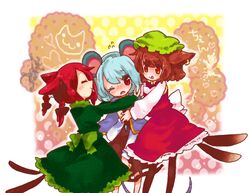  3girls ;o ^_^ animal_ears bad_id bad_pixiv_id blush braid brown_hair cat_ears cat_tail chen closed_eyes dress kaenbyou_rin multiple_girls multiple_tails natsumi_(natumi06) nazrin nekomata one_eye_closed parted_lips red_dress red_hair short_hair tail tareme touhou two_tails 