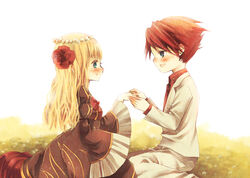  1boy alternate_hairstyle bad_id bad_pixiv_id beatrice_(umineko) blonde_hair clover_(flower) female flower flower_ring flower_wreath formal hair_down hair_flower hair_ornament head_wreath jewelry long_sleeves red_flower red_hair ring ringo_komachi suit umineko_no_naku_koro_ni ushiromiya_battler wide_sleeves 