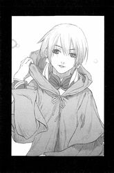  black_border border bow cloak earrings eyes_visible_through_hair feather_earrings feathers female greyscale hair_between_eyes highres hood hood_down iwasaki_minako jewelry looking_at_viewer monochrome parted_lips scan screentones short_hair smile solo sora_no_kane_no_hibiku_hoshi_de sylvana_(sora_no_kane) white_background 