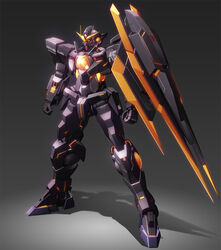  00_qan[t] clenched_hands commentary_request gradient_background green_eyes grey_background gundam gundam_00 gundam_00_a_wakening_of_the_trailblazer huge_weapon machinery mecha no_humans nt-d reborns_gundam robot shade shiny simple_background standing weapon zb_(dawn-blue) 