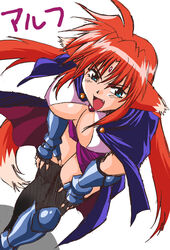  arf blue_eyes breasts cape cleavage earrings female gloves jewelry large_breasts lyrical_nanoha mahou_shoujo_lyrical_nanoha manabe_jouji oerba_yun_fang orange_hair solo 