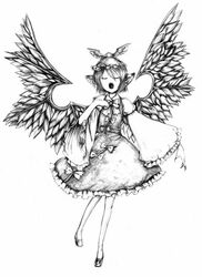  animal_ears bad_id bad_pixiv_id claws closed_eyes dress feathers female fingernails greyscale hat kurosaki_(niggurath) legs long_fingernails monochrome music mystia_lorelei no_nose open_mouth ribbon shoes short_hair singing solo thighhighs touhou traditional_media wide_sleeves wings 