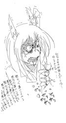  angry bad_link caved_(touhou) ex-keine female greyscale hetza_(hellshock) horn_ornament horn_ribbon horns kamishirasawa_keine monochrome oekaki ribbon sharp_teeth solo teeth touhou translation_request 