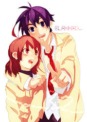  1boy antenna_hair blue_eyes blue_hair blush brown_eyes brown_hair chiko_(beroro) clannad couple female furukawa_nagisa hikarizaka_private_high_school_uniform hug okazaki_tomoya school_uniform serafuku straight v 