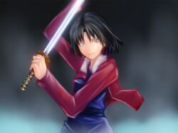  bad_id bad_pixiv_id black_hair black_maria blue_eyes female jacket kara_no_kyoukai katana red_jacket ryougi_shiki solo sword weapon 