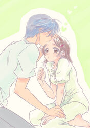  1boy antenna_hair bad_id bad_pixiv_id blue_eyes blue_hair blush brown_eyes brown_hair clannad female furukawa_nagisa husband_and_wife kissing kissing_forehead okazaki_tomoya pajamas yuzuki_kisa 