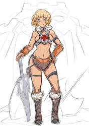  abs animification arm_guards armor ban!_(bansankan) barbarian blonde_hair blue_eyes boots breasts eyebrows female fur gauntlets genderswap_(mtf) he-man masters_of_the_universe medium_breasts photoshop_(medium) rule_63 short_hair sideboob sketch solo sword sword_of_power weapon 