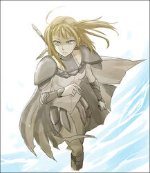  armor blonde_hair breastplate claymore_(series) dietrich female floating_hair gauntlets gyu_tan_(artist) long_hair simple_background solo sword sword_behind_back weapon white_background 