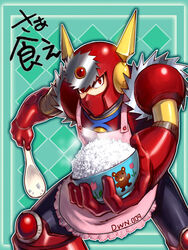  1boy android apron bad_id bad_pixiv_id bear bowl circular_saw ebishima_yutaka flower frilled_apron frills giving helmet holding holding_bowl holding_spoon incoming_food male_focus mask mega_man_(classic) mega_man_(series) mega_man_2 metal_man pink_apron red_eyes red_headwear rice rice_bowl saw shamoji solo spoon steam translated 