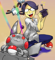  1boy bad_id bad_pixiv_id commentary_request controller eye_beam glasses holding holding_poke_ball magnemite male_focus mechanization mikami pikachu poke_ball poke_ball_(basic) pokemon pokemon_(creature) pokemon_gsc radio_controller rainbow remote_control robot super_nerd_(pokemon) voltorb 