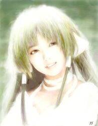  blonde_hair brown_eyes brown_hair chii chobits choker commentary_request cosplay cosplay_photo dress female fm77_(artist) green_background hair_tubes lips lolicon long_hair photo_(medium) ribbon ribbon_choker sidelocks smile solo teeth upper_body white_dress white_ribbon 