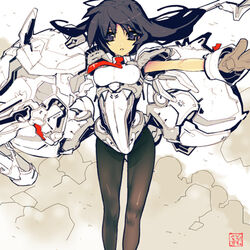  black_eyes black_hair brown_gloves feet_out_of_frame female floating_hair gloves limited_palette long_hair looking_at_viewer lowres mecha necktie outstretched_arm owari_no_chronicle pantyhose red_necktie robot satoyasu shinjou_sadagiri smoke solo 