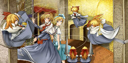  2girls album_cover alice_margatroid alice_margatroid_(pc-98) bad_id bad_pixiv_id blonde_hair blue_eyes bow capelet cover doll dress dual_persona gun hairband hairbow knife lance long_sleeves metalwasabi multiple_girls photoshop_(medium) polearm puffy_sleeves shanghai_doll short_sleeves string sword touhou touhou_(pc-98) weapon 