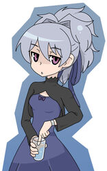  blue_dress commentary_request darker_than_black dress female grey_hair hair_ribbon ribbon solo yashiroku yin_(darker_than_black) 