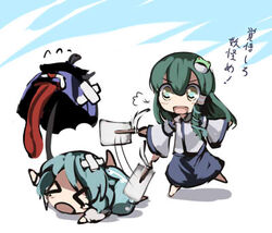  &gt;_&lt; 2girls bandaid blue_hair bullying chibi closed_eyes crossed_bandaids detached_sleeves fallen_down frog gatau gohei green_hair hair_ornament karakasa_obake kochiya_sanae long_hair lowres multiple_girls purple_umbrella short_hair snake tatara_kogasa tears touhou translated umbrella yellow_eyes 