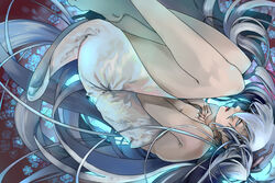  closed_eyes feet_out_of_frame female fetal_position hatsune_miku legs long_hair nemeko solo twintails very_long_hair vocaloid white_hair yuki_miku 