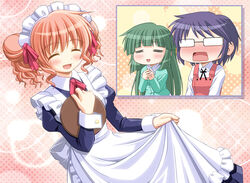  3girls =_= alternate_costume apron bad_id bad_pixiv_id blue_hair blush closed_eyes cosplay curly_hair double_bun dutch_angle enmaided glasses green_hair hair_bun hidamari_sketch hiro_(hidamari_sketch) long_hair maid maid_headdress multiple_girls photoshop_(medium) red_hair sae_(hidamari_sketch) school_uniform shiumai short_hair tray wrist_cuffs yamabuki_high_school_uniform yoshinoya_(hidamari_sketch) 