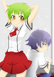  1boy bad_id bad_pixiv_id baka_to_test_to_shoukanjuu blood blush couple female fumizuki_academy_school_uniform green_hair grin kudou_aiko mame_futoshi nosebleed photoshop_(medium) school_uniform short_hair smile straight tsuchiya_kouta 