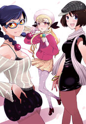  3girls black_hair blonde_hair blue_eyes commentary_request dance_in_the_vampire_bund glasses hat mei_ran mina_tepes multiple_girls pantyhose photoshop_(medium) polka_dot polka_dot_legwear purple_pantyhose saegusa_yuki touge_hiro yellow_eyes 