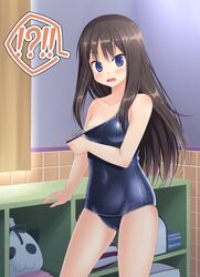  ! !! !? amamiya_minato bad_id bad_pixiv_id black_hair blue_eyes blush clothes_pull female hanamaru_youchien long_hair one-piece_swimsuit one-piece_swimsuit_pull pulling_own_clothes school_swimsuit solo strap_pull swimsuit tsuchida_satsuki 