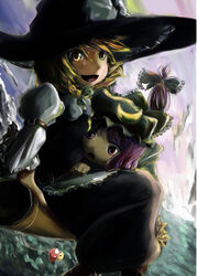  2girls black_theme blonde_hair broom broom_riding charm_(object) commentary_request crescent dress frills hat holding kannasetsuna kirisame_marisa multiple_girls mushroom open_mouth patchouli_knowledge photoshop_(medium) purple_hair ribbon short_hair sidesaddle touhou witch_hat 