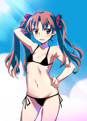  adjusting_hair armpits bad_id bad_pixiv_id bikini blush bow cloud commentary_request day female flat_chest hairbow hand_on_own_hip inato_serere long_hair micro_bikini navel pink_eyes pink_hair shirai_kuroko side-tie_bikini_bottom sky smile solo standing swimsuit toaru_kagaku_no_railgun toaru_majutsu_no_index twintails 