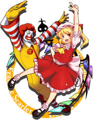  1boy blonde_hair clown facepaint female flandre_scarlet m.u.g.e.n mcdonald&#039;s no~ma oerba_yun_fang ran_ran_ru red_eyes red_hair ronald_mcdonald short_hair smile touhou wings 