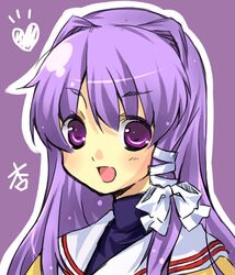  clannad commentary_request female fujibayashi_kyou hair_intakes hikarizaka_private_high_school_uniform long_hair purple_eyes purple_hair ryou-tan+ school_uniform solo 