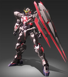  00_qan[t] clenched_hands commentary_request gradient_background green_eyes grey_background gundam gundam_00 gundam_00_a_wakening_of_the_trailblazer huge_weapon machinery mecha no_humans nt-d reborns_gundam robot shade shiny simple_background standing weapon zb_(dawn-blue) 