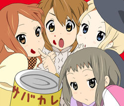  4girls aran_sweater bad_id bad_pixiv_id blonde_hair blue_eyes brown_eyes brown_hair cable_knit can canned_fish canned_food crossover curry derivative_work eating finger_to_mouth food frenda_seivelun grey_eyes grey_hair hat item_(toaru) k-on! kinuhata_saiai lolicon lowres mackerel_(fish) mugino_shizuri multiple_girls parody rizaki_kyou scarf style_parody sweater takitsubo_rikou toaru_majutsu_no_index toaru_majutsu_no_index:_old_testament white_sweater yellow_eyes 