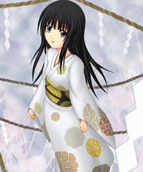  aged_down black_hair commentary_request fatal_frame fatal_frame_1 female grey_eyes himuro_kirie japanese_clothes kimono lolicon long_hair rope shimenawa solo taira_shihito white_kimono 