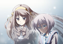  2girls blue_sailor_collar brown_eyes brown_hair cardigan commentary_request glasses hair_ribbon hairband kita_high_school_uniform kouyouen_academy_school_uniform long_hair multiple_girls nagato_yuki official_alternate_costume official_alternate_hair_length official_alternate_hairstyle photoshop_(medium) purple_hair ribbon sailor_collar school_uniform serafuku short_hair suzumiya_haruhi suzumiya_haruhi_no_shoushitsu suzumiya_haruhi_no_yuuutsu totsuki_touka_(orange_factory) winter_uniform 