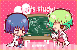  1boy baka_to_test_to_shoukanjuu blood blush board_eraser book border chalkboard chibi commentary_request couple female green_hair heart heart-shaped_pupils kudou_aiko lab_coat mamimu_(ma-mi-mu.me) nosebleed oerba_yun_fang one_eye_closed ovum sex_ed sperm_cell straight symbol-shaped_pupils tsuchiya_kouta 