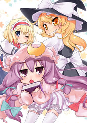  3girls alice_margatroid blonde_hair blue_eyes commentary_request kirisame_marisa mayuge_inu multiple_girls patchouli_knowledge photoshop_(medium) purple_eyes purple_hair touhou yellow_eyes 