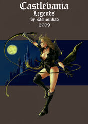  2009 belt blonde_hair blue_eyes boots braid breasts castle castlevania_(series) castlevania_legends choker cleavage commentary_request cross demonbao female gauntlets gloves highres jacket knee_boots long_hair medium_breasts moon night photoshop_(medium) single_braid solo sonia_belmont sword thighhighs very_long_hair weapon whip 