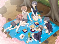  5girls :d :q aru_ra_une black_hair brown_eyes brown_hair cherry_blossoms closed_eyes flower food glasses hair_flower hair_ornament hanami highres konori_mii kotoyoro long_hair misaka_mikoto multiple_girls new_year open_mouth petals sakugawa_school_uniform saten_ruiko school_uniform serafuku shirai_kuroko short_hair sitting skirt smile thighhighs toaru_kagaku_no_railgun toaru_majutsu_no_index tokiwadai_school_uniform tongue tongue_out twintails uiharu_kazari winter_uniform 